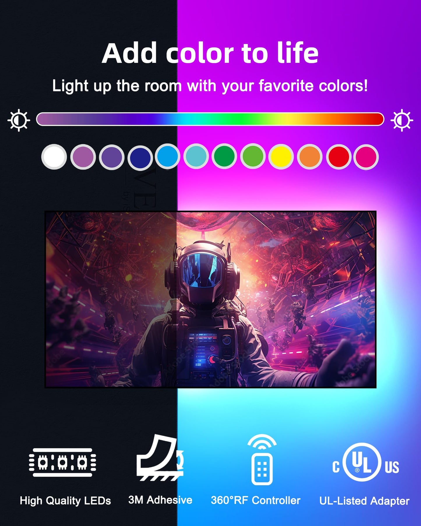 Hitlights Led Strip Lights, 32.8Ft Rgb 5050 Color Changing Kit, Rf Remote, Black, Model L1012V-Mc1-3230-K, Flexible 300Led