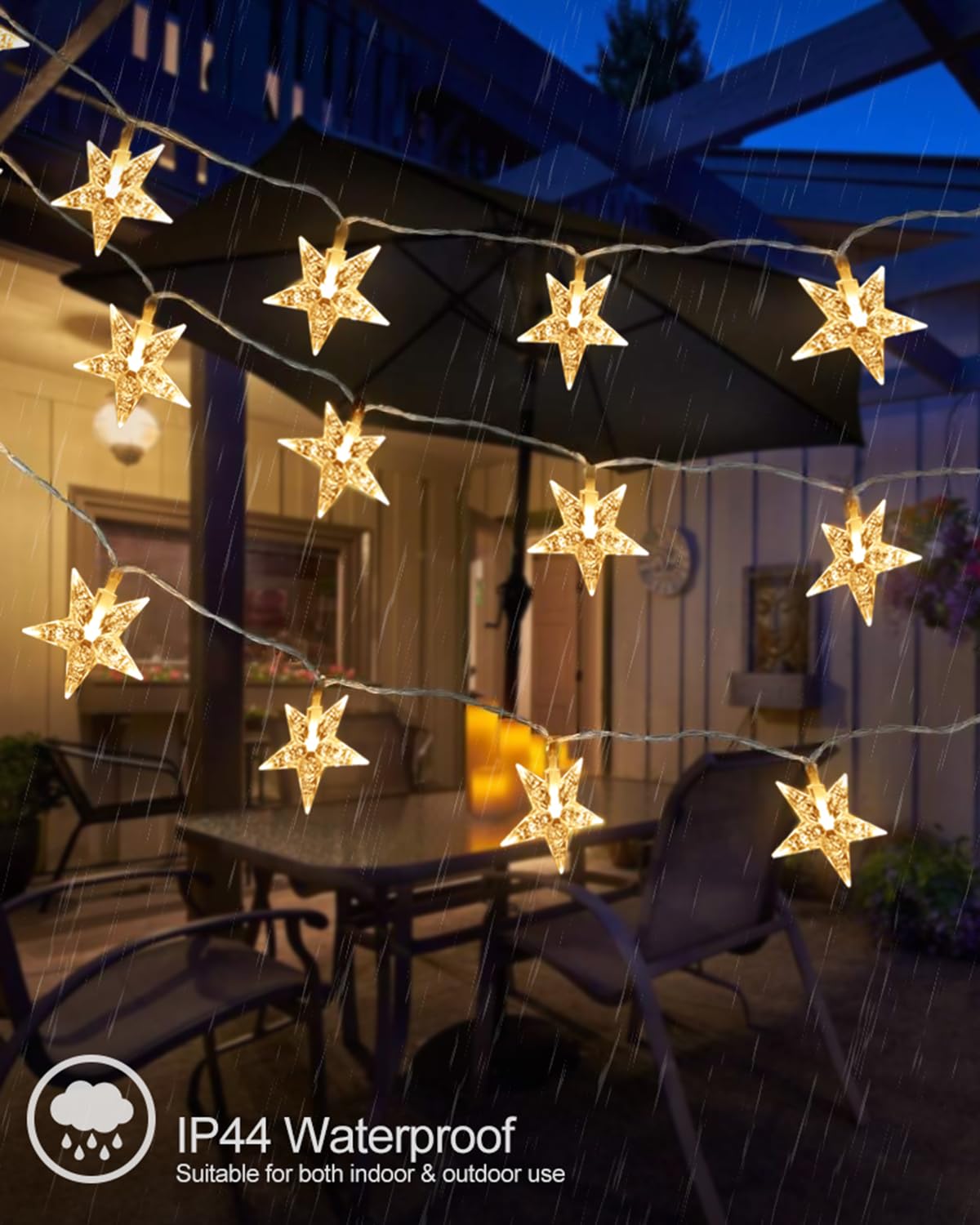 JOLYMOLY Star String Lights, 100 LED, 59ft, Warm White, Waterproof, Plug-in, Model FX-SL002, Remote Timer for Indoor/Outdoor Decor