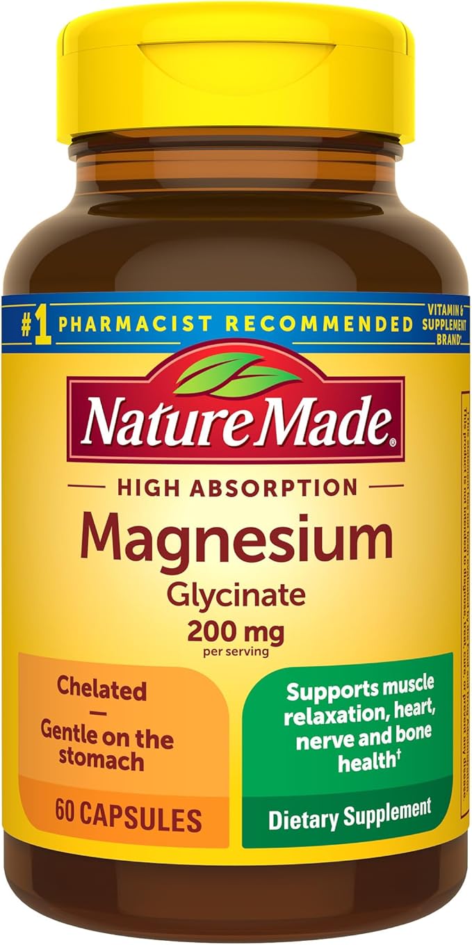 Nature Made Magnesium Glycinate 200 mg per Serving, Magnesium Supplement for Muscle, Heart, Nerve and Bone Support, 60 Magnesium Bisglycinate Capsules, 30 Day Supply