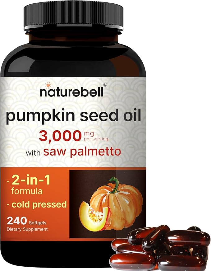 NatureBell Virgin Pumpkin Seed Oil 3,000mg Per Serving with Saw Palmetto, 240 Softgels | Cold Pressed – Rich in Omega 6 & 9 Essential Fatty Acids – Prostate & Bladder Supplements, Non-GMO