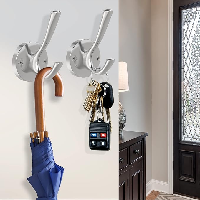 Brushed Nickel Wall Hooks, 4 Pack Heavy Duty Coat Towel Hook Metal Double Hook Wall Mounted Hanging, Bath Towel Hooks for Entryway Cubicle Bathroom Closet Garage