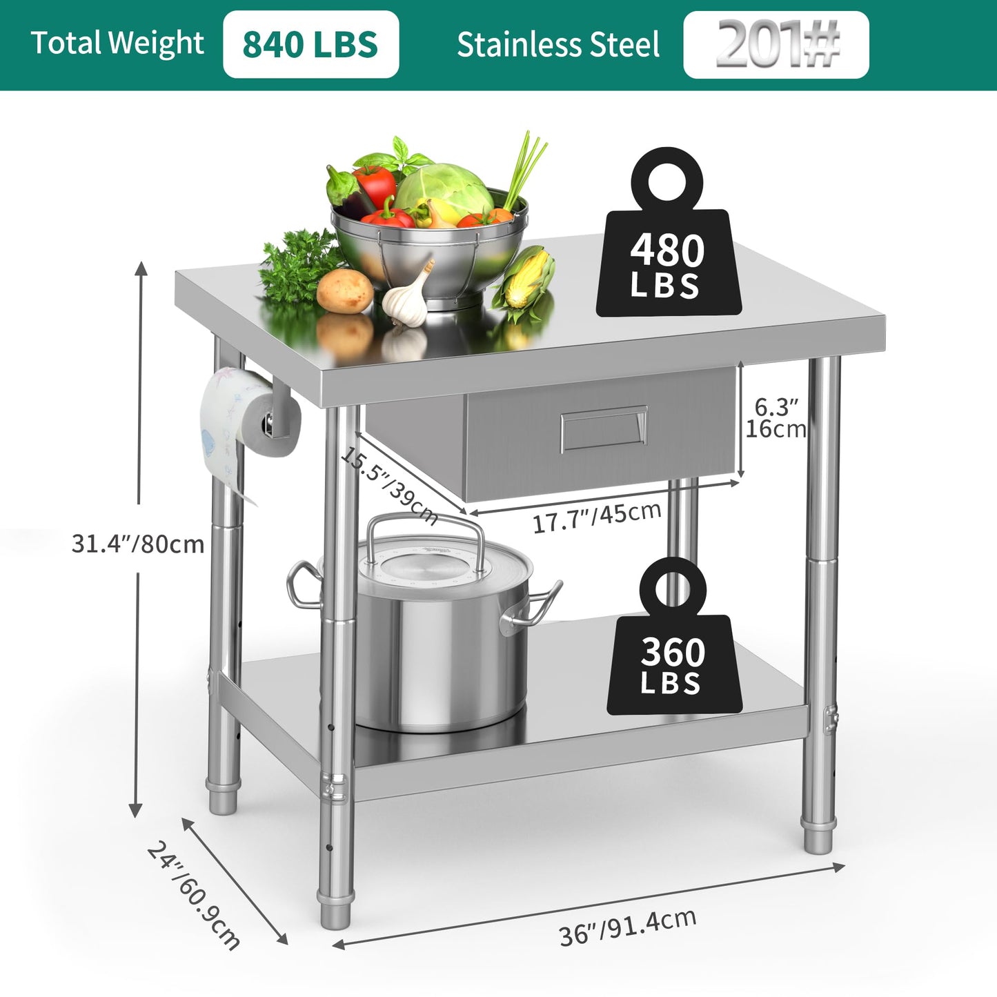 YITAHOME 36" × 24" Stainless Steel Table with Paper Towel Holder and Drawer, NSF Work Table with Drawer, Metal Table Prep Table for Home Kitchen Restaurant Garage Warehouse