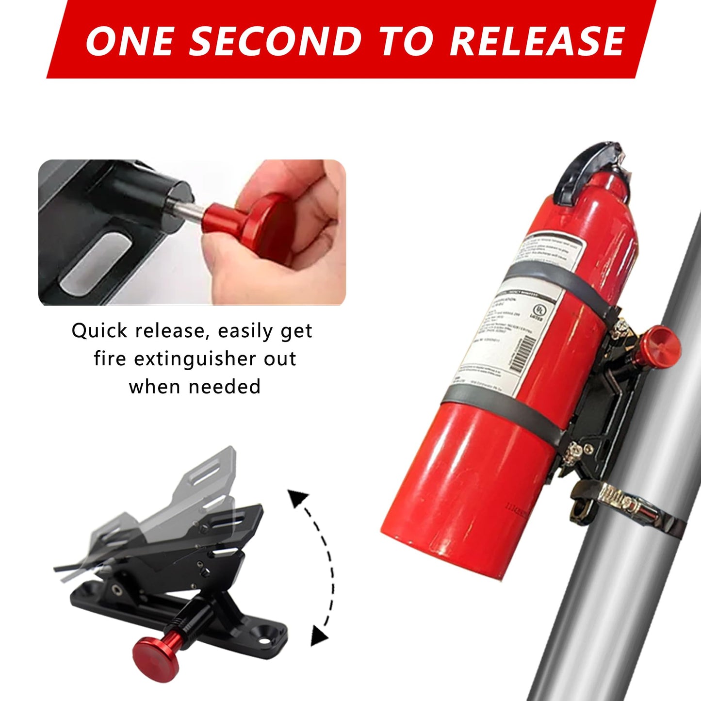 Quick Release Fire Extinguisher Mount - Aluminum Adjustable UTV Roll Bar Fire Extinguisher Holder Mounting Bracket Compatible with Jeep Wrangler TJ JK JL JKU Polaris RZR Ranger Can-Am X3 Universal