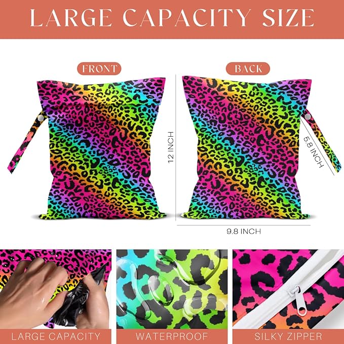 4 Pack Colorful Rainbow Neon Leopard Wet Bag Waterproof Washable Reusable Wet Dry Bag for Swimsuit Clothes Cloth Diaper Travel Beach Pool Gym Toiletries Gift for Women Mama Sister Christmas Birthday