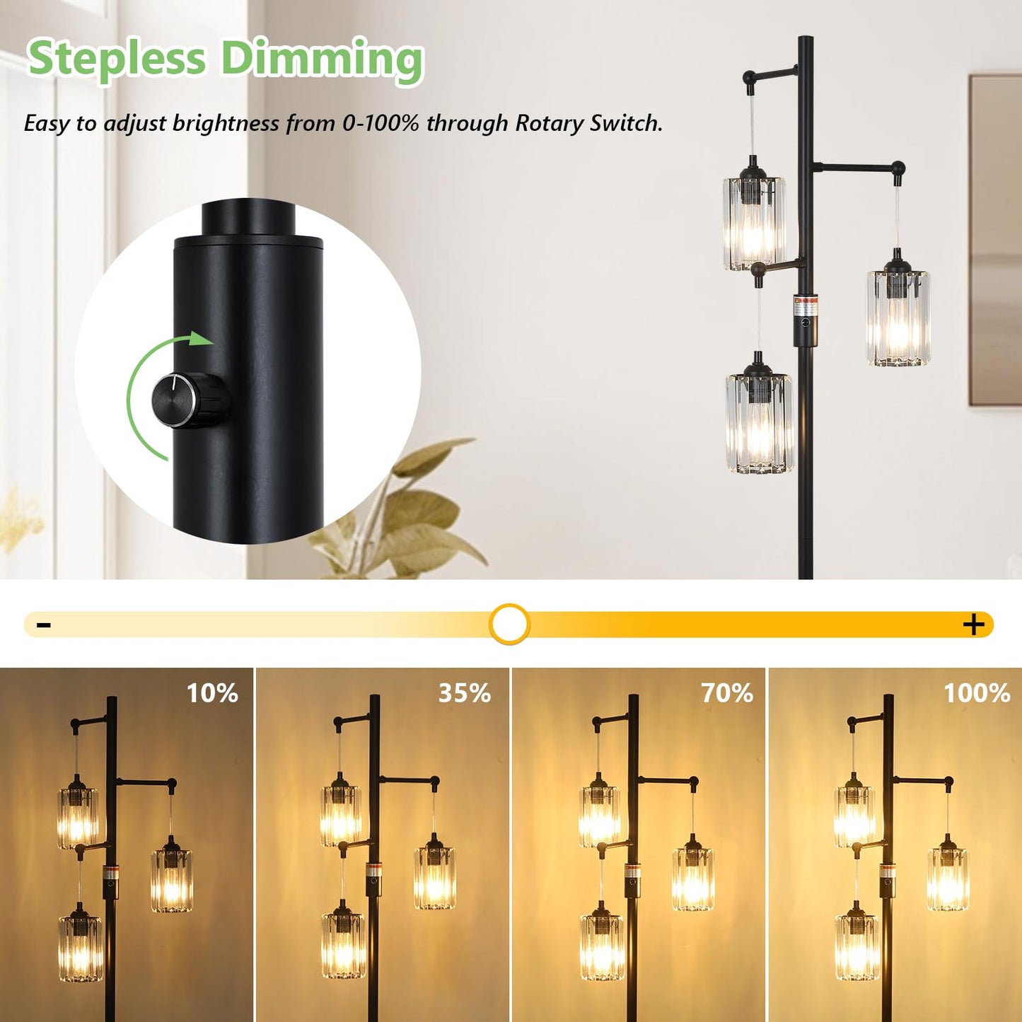 Stepeak Black Crystal Floor Lamp, 3 Lights Dimmable, 65in Tall, Industrial Design for Living Room, Model 250305C1