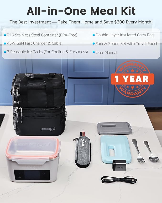 LUNCHGO® G1 Smart Electric Heated Lunch Box – Cordless, 5 Cups Capacity, 74 Wh Battery Powered, 250°F Max, Scheduled Heating, Perfect for Outdoor Work, On-The-Go Meals, 1-Year Warranty (Neon Gray)