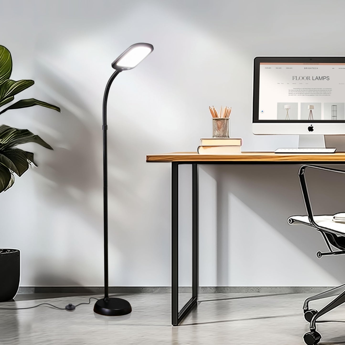 Brightech Litespan Slim LED Floor Lamp, Adjustable Gooseneck, Dimmable, Jet Black, Model LTSPAN-CLRS-BK