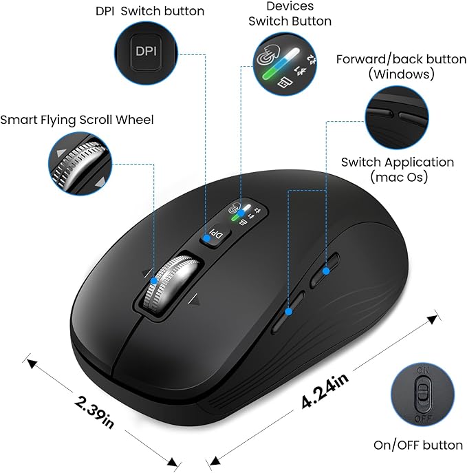 Full-Size Silent Wireless Mouse, 2 Bluetooth + 1 USB Multi-Mode, 4-Way Scrolling, Adjustable DPI, Side Buttons, Long Battery Life, Compatible with Laptop/Tablet/MacBook/iPad