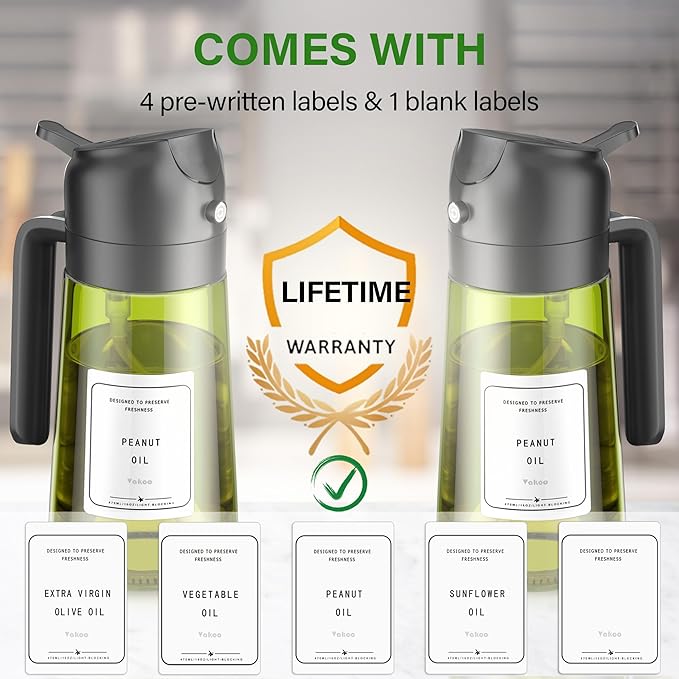Vakoo 2 in 1 Oil Sprayer and Oil Dispenser for Kitchen - 16oz/470ml Light-Blocking Dark Glass Olive Oil Spray Bottle for Cooking, Air Fryer, Salad & BBQ (Black&Black)