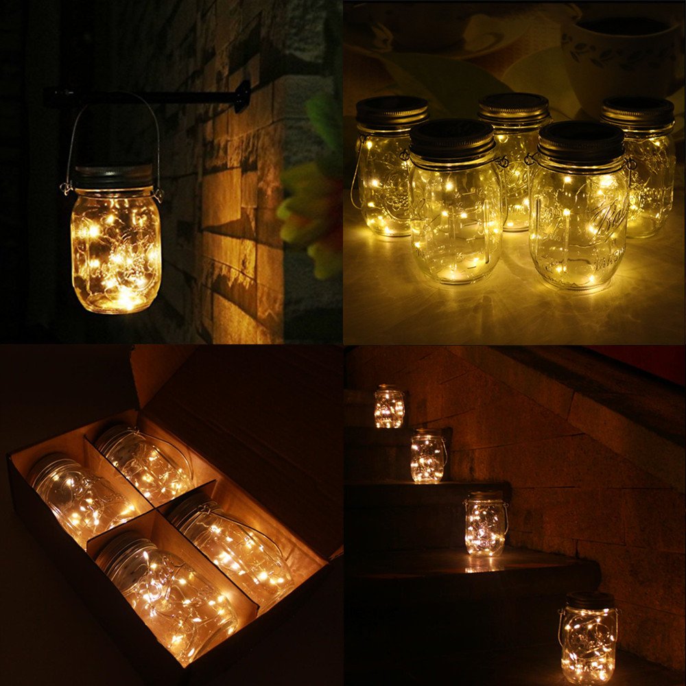CHBJDAN Solar-powered Mason Jar Lights - 6-Pack, 20 LEDs, Warm White, Waterproof, Includes Hangers, No Jars, Outdoor Patio Decor