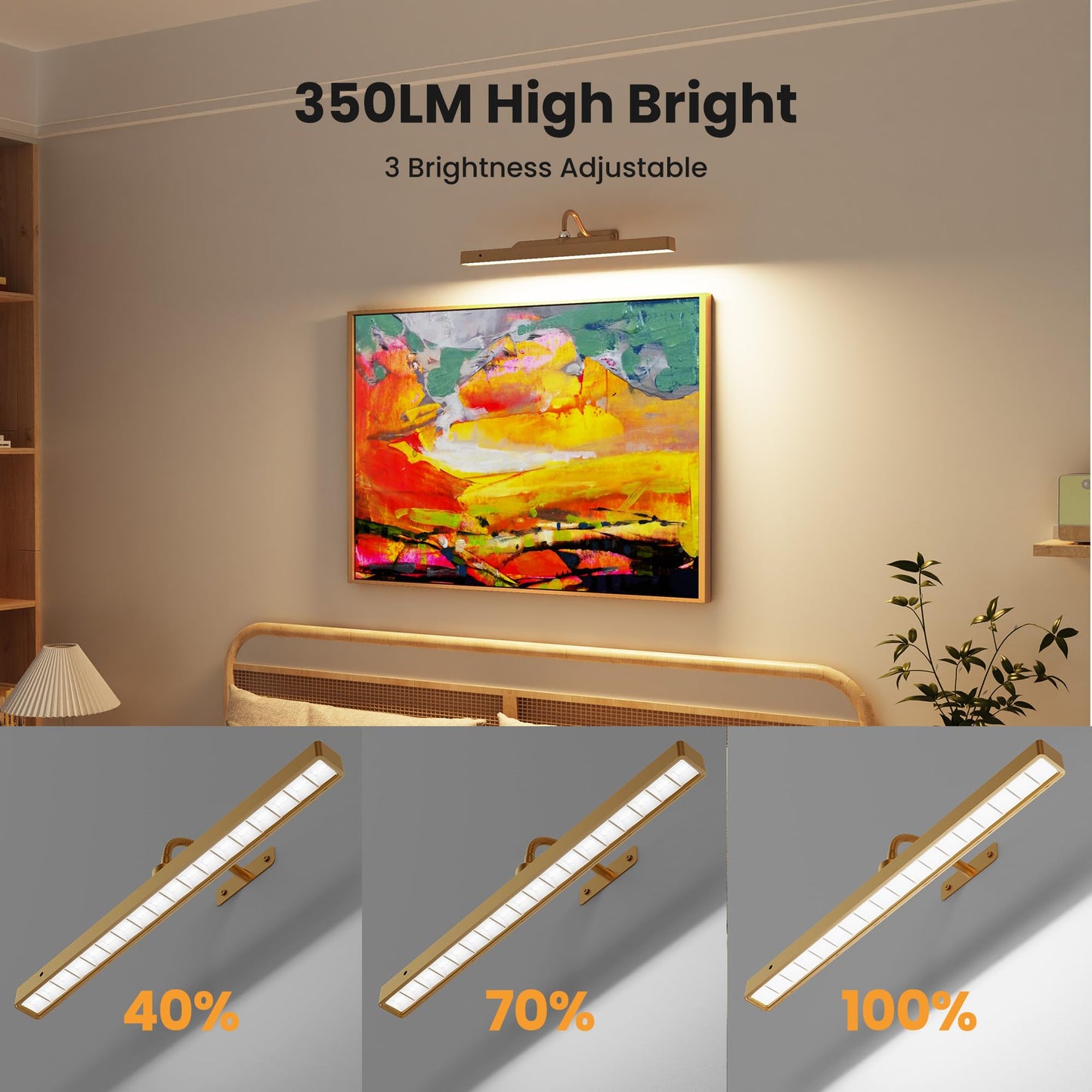 Kryoza Brass Picture Light, Wireless & Dimmable, Remote Control, 5000mAh, 350LM, 16in, 2 Pack