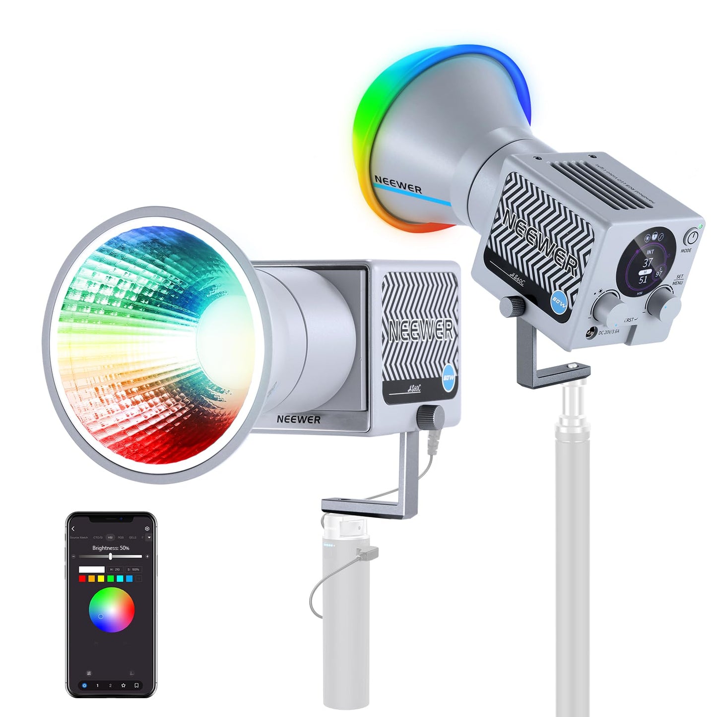 NEEWER 60W Portable RGB LED Video Light Handheld Fill Light, APP/2.4G/Panel Control 18 Scenes 8700Lux/1m 2700-6500K CRI97+ Dimmable COB Continuous Output Lighting for Video Recording Streaming, HS60C