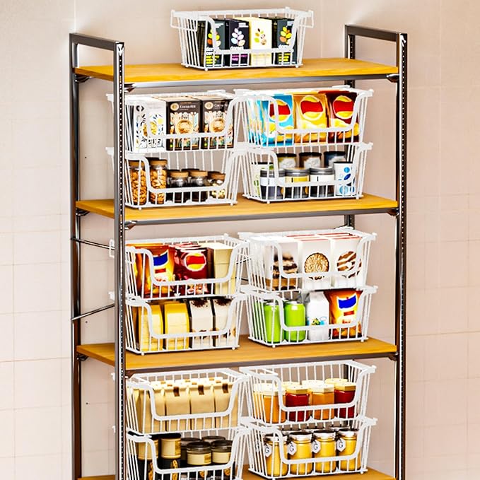 4 Pack Enhanced Leak-Proof Bottom Stackable Wire Baskets, Pantry Organizers and Storage, Pantry Storage，Shelf Baskets, Fruit Basket, Potato and Onion Storage Bins，(White)