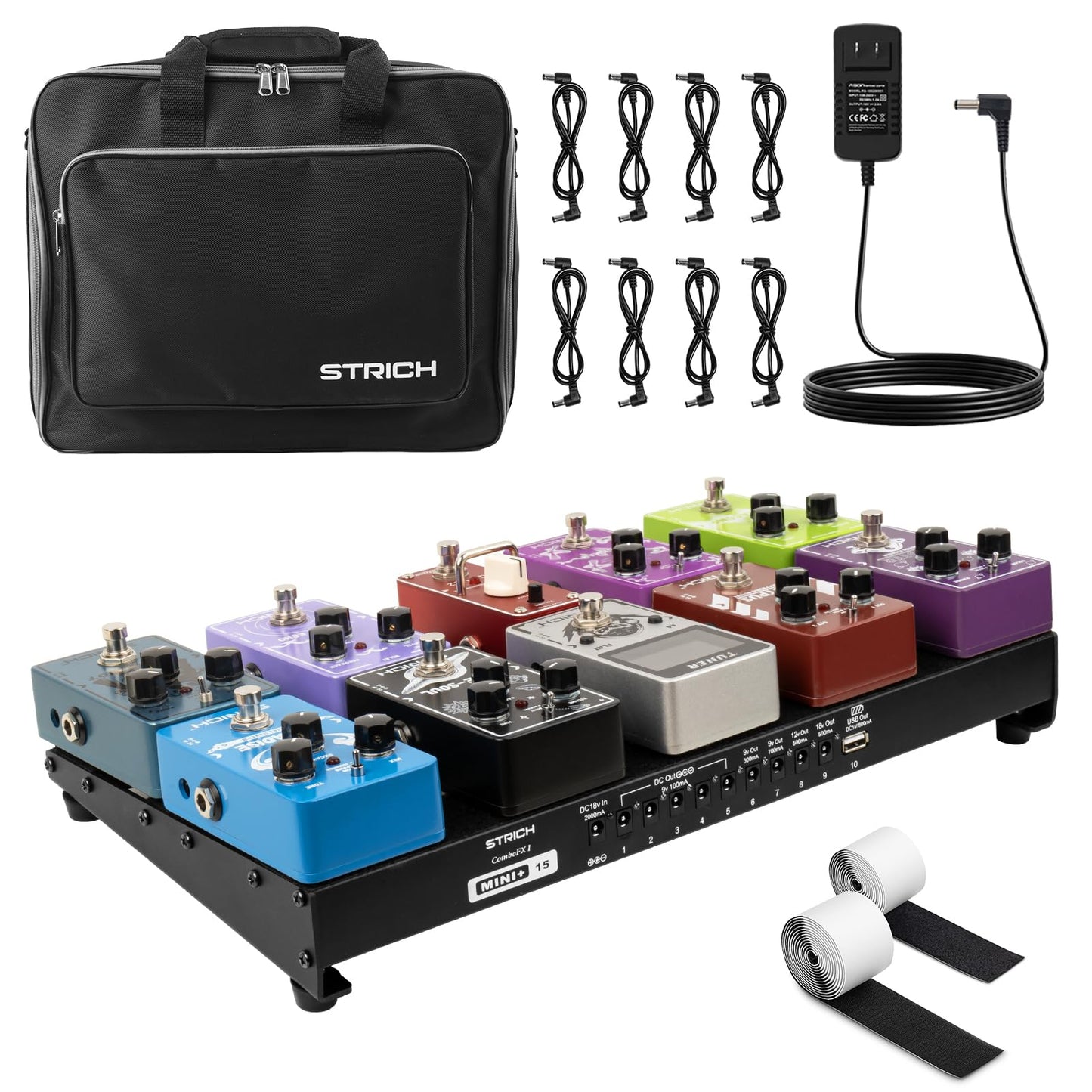 STRICH Guitar Pedal Board PB-MP15 - Lightweight Aluminum 15"x7.8" with Built-in Power Supply, Pedal Cables, Bag, & Hook Loop Strips