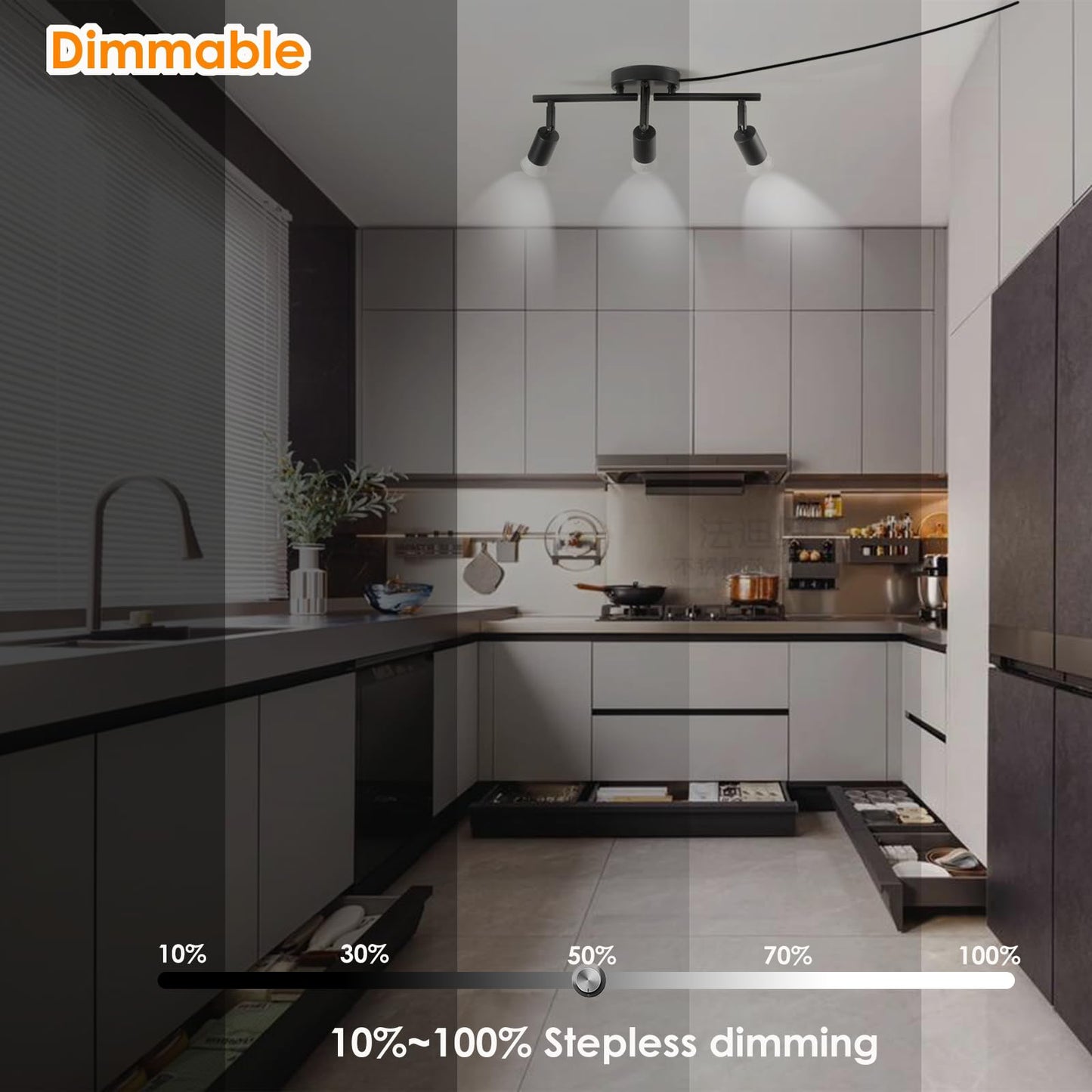 Vivihobb Dimmable Plug In Track Light Black 3 Light Plug In Ceiling Lighting Fixture With 16.4 Long Cord 4 Way Ceiling Spotlight Rotatable Wall Mount Light Head Led Dimmable Spot Bulbs Included