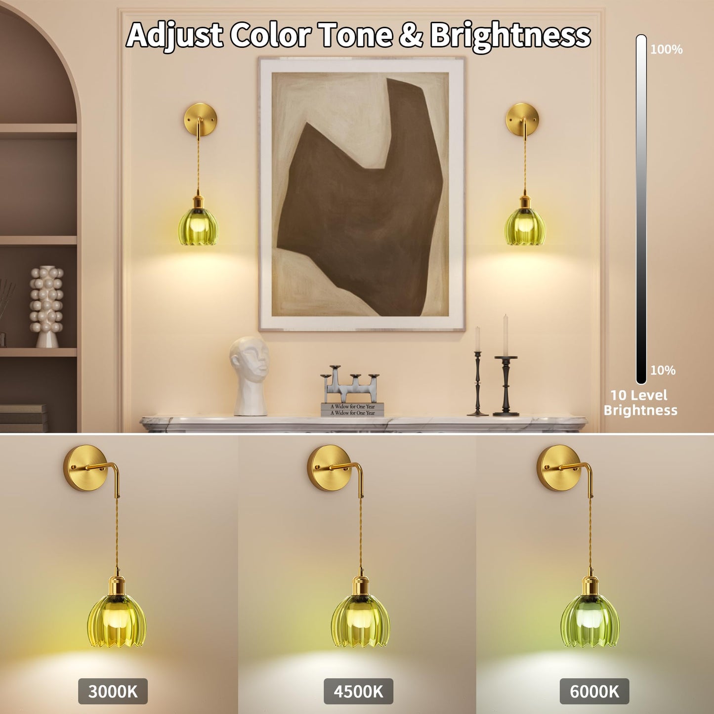 CAMCLIM Rechargeable RGB Wireless Wall Sconce Lamp, Dimmable Vintage Green Glass, Model DX0055, Battery Operated, Indoor Use