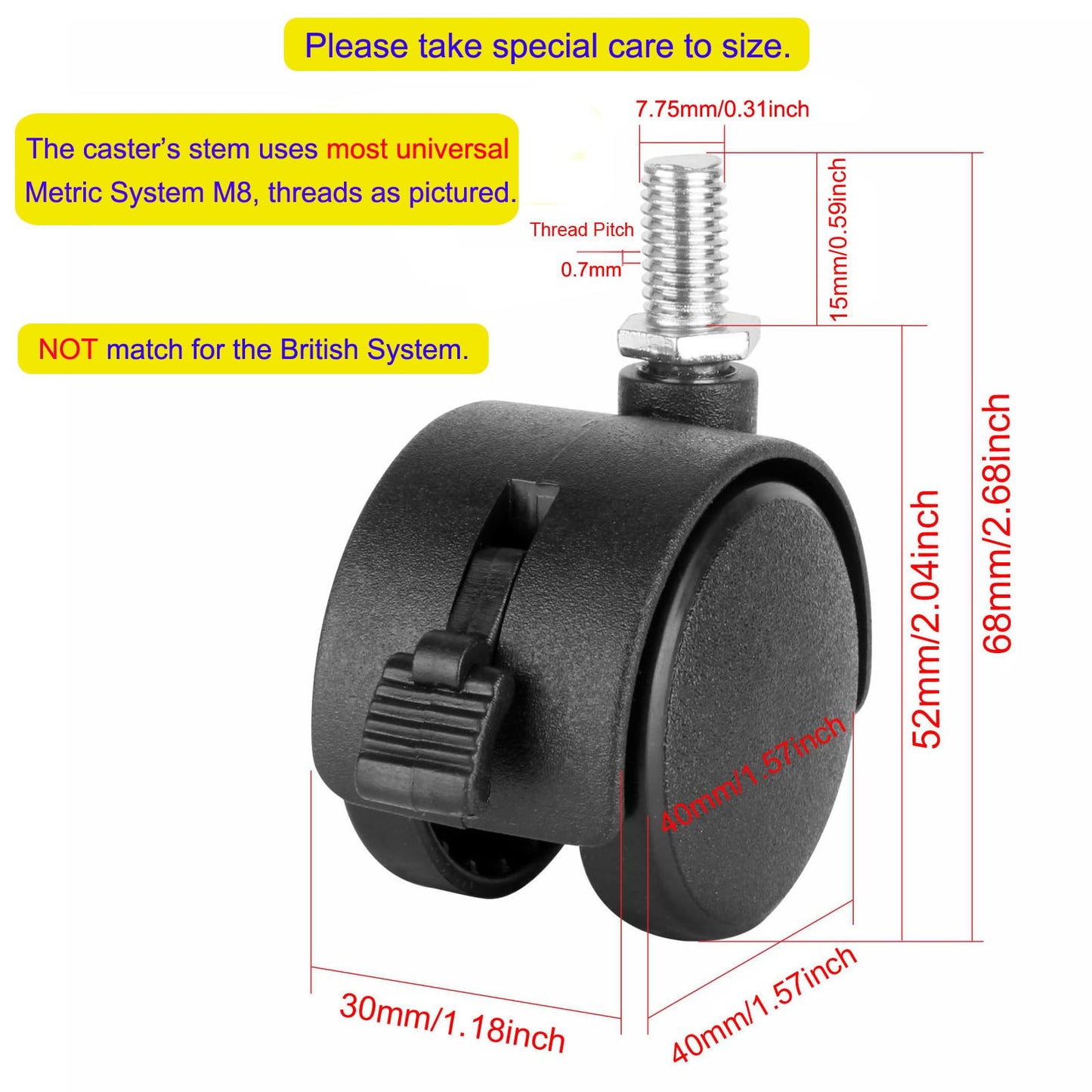 Dalyndar 4 Pack 1.5 Inch Swivel Stem Caster Wheels Replacement Casters 1.5'' Furniture Wheel with Locking Brake Metric Threaded Stem M8 Wheels for Table Drawer Plant Shelf Metal Rack Laundry Basket
