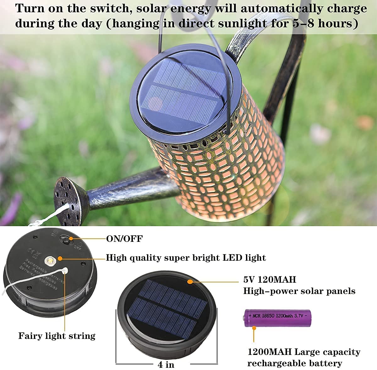 ZUSONUD Solar Lights Outdoor - Watering Can Lantern, Warm Yellow, Copper, 8.6x6x6 Inches, Model LAMP 0420, Waterproof Patio Decor