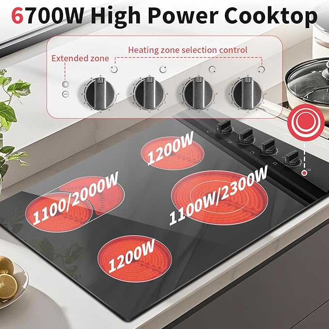 Noxton Electric Cooktop 30 Inch 4 Burners, Knob Control Ceramic Cooktop, 30" Radiant Electric Stove Top with Extended Zone, Hot Surface Indicator, 220-240v Hard Wire(No Plug)