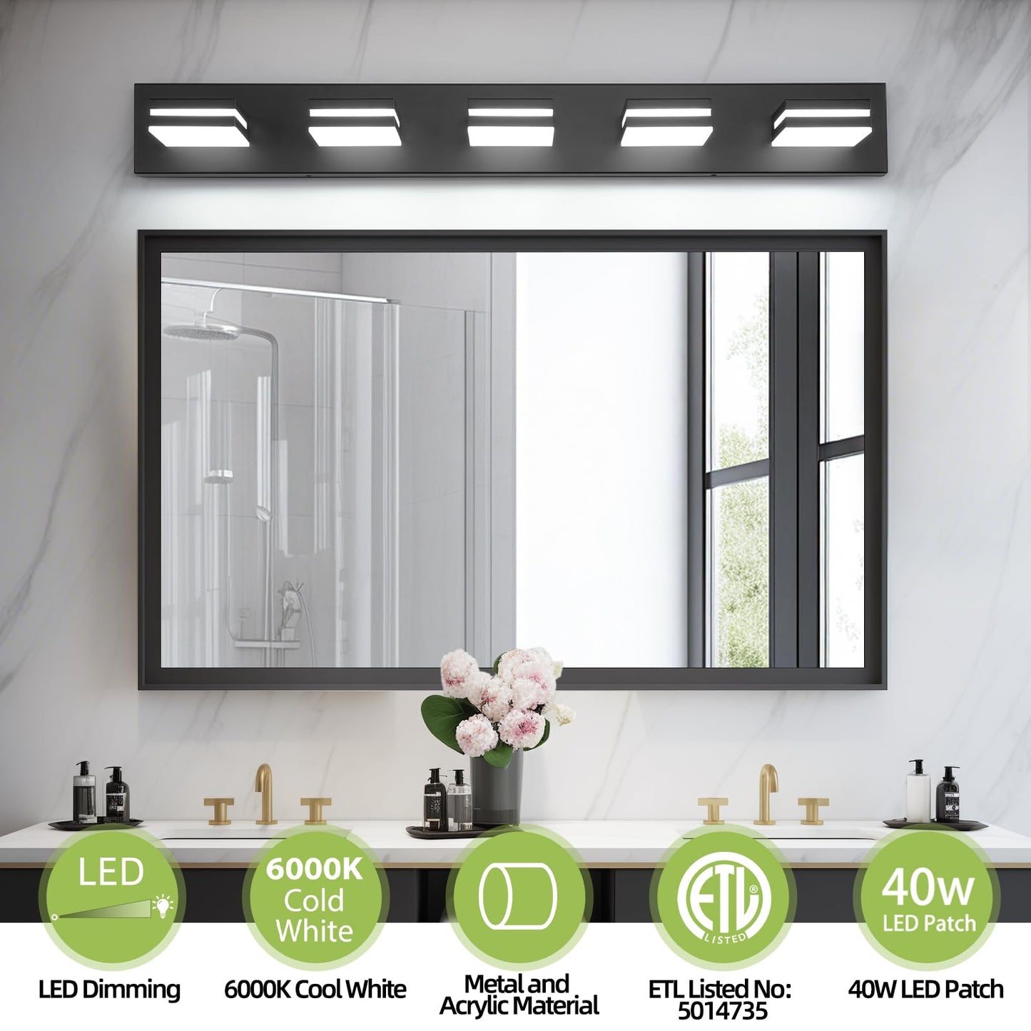 OKELI 5-Light Bathroom Vanity Light, Dimmable LED, 36.2 Inch, Matte Black, Aluminum, Model OK-9553-5T-BK, Adjustable Lamp Head