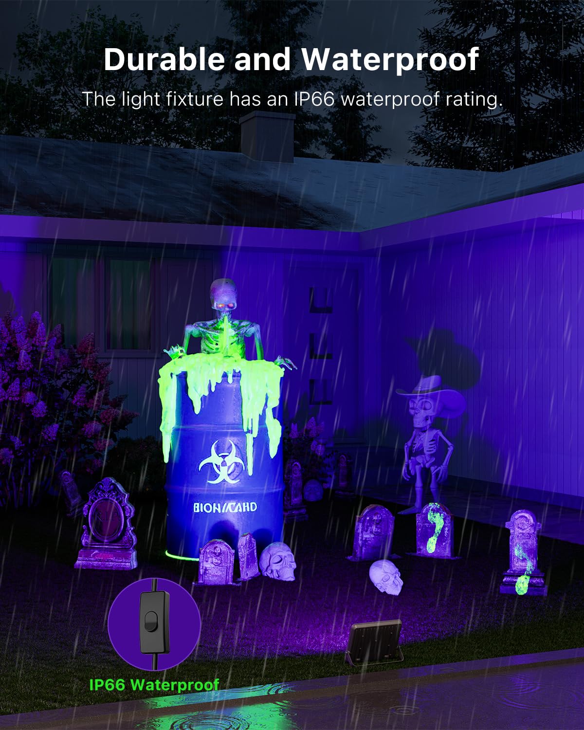 4 Pack 50W Halloween Blacklight Flood Lights Wired 120V Ip66 Waterproof Uv Led Black Lights For Holiday Decor  Skeleton  Bat  Witch  Body discomfort-reducingt  Glow Party  Purple Ambiance Lighting For Wall  Yard