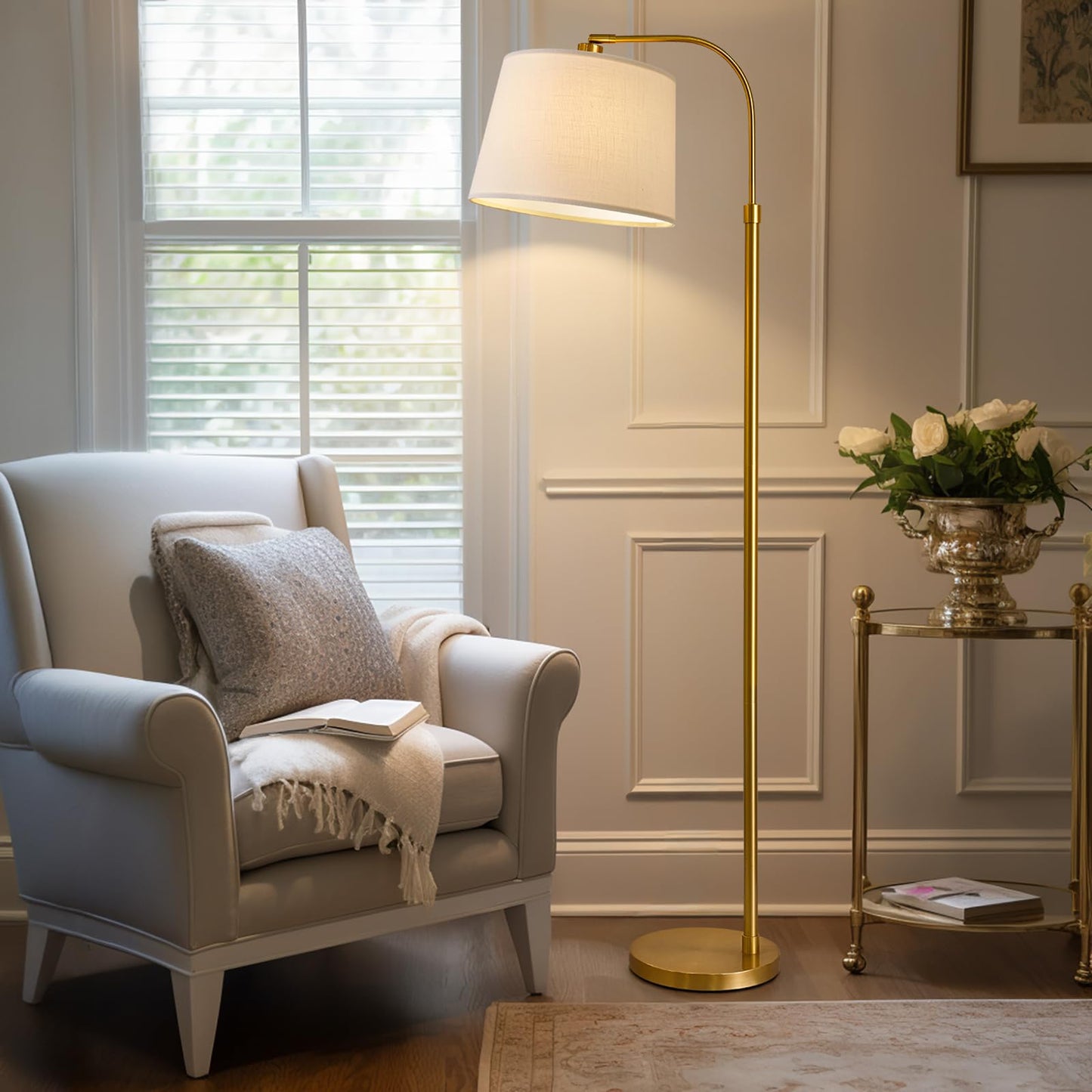 Oneach 62 Gold Arc Floor Lamp - Vintage Mid-Century Modern Metal Reading Light For Living Rooms, Bedrooms, And Offices - Model Amz-F2015-Gl