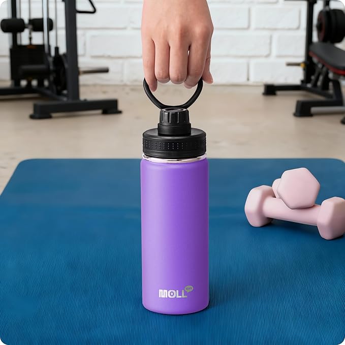 Water Bottle with Spout Lid-18 oz Stainless Steel Insulated Wide Mouth Sports Water Bottle for Kids-Reusable Leak Proof Travel Flask with Silicone Boot, BPA-Free(Purple)
