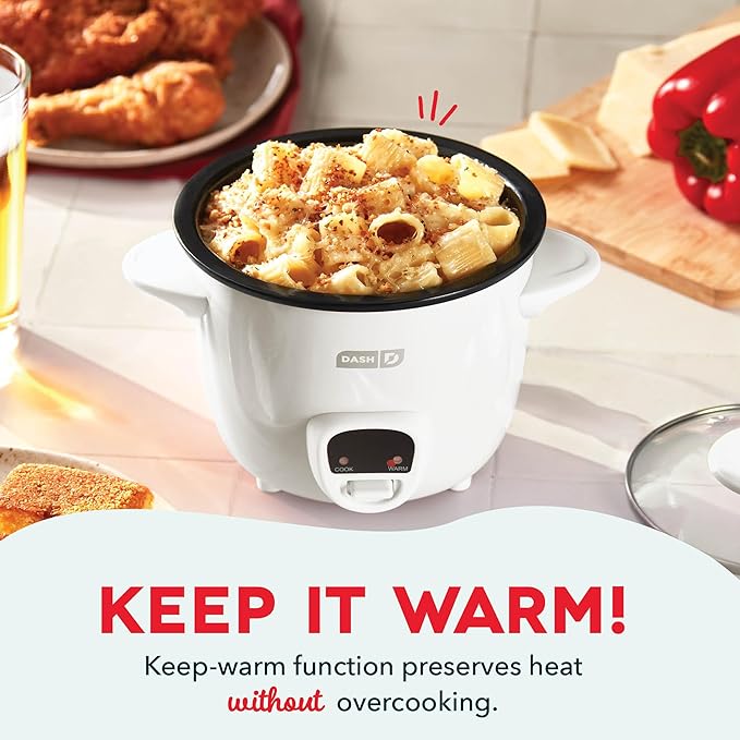 Dash Mini Rice Cooker Steamer with Removable Nonstick Pot, Keep Warm Function & Recipe Guide, 2 cups, for Soups, Stews, Grains & Oatmeal - White