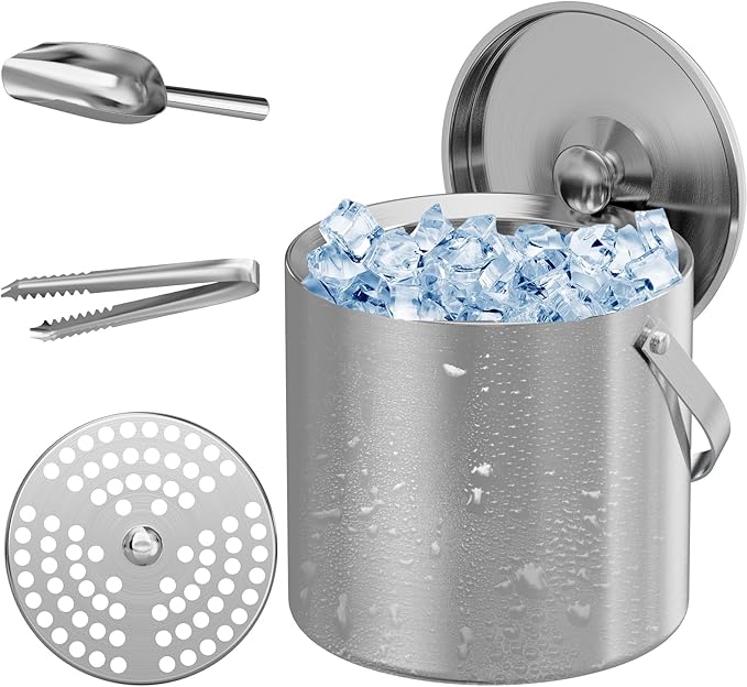 LHD HOME Ice Buckets for Parties 3L Insulated Ice Bucket with Lid Ice Tong Ice Scoop and Strainer for Cocktail Bar Portabl...