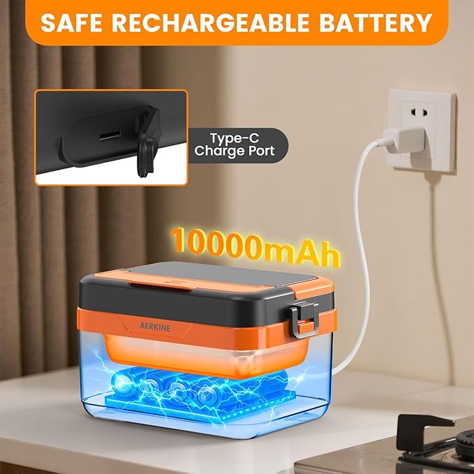Electric Lunch Box For Adults - Rechargeable 75W Self-Heating Food Warmer with 6.3 Cups(1.5L) Stainless Steel Container, Heated Lunch Box For Office, Picnic, Car & Outdoor Use(Orange)