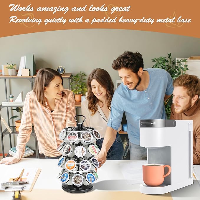 K Cup Holder, K Cup Carousel, Coffee Pods Storage Organizer Stand (Black, 32 Pods Capacity K/D Design)