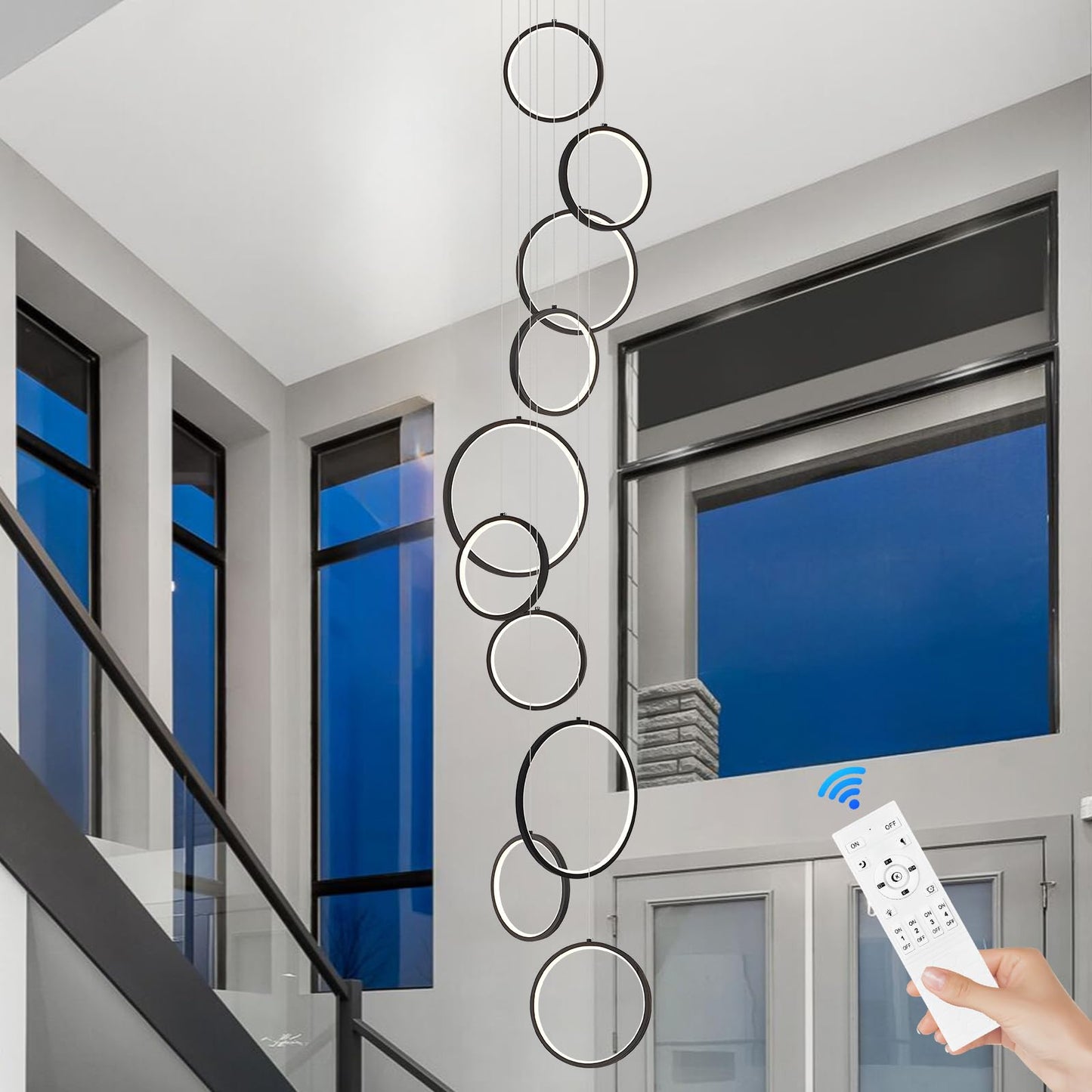 Benkut High Ceiling Chandelier 10 Ring Black LED Light with Remote Control, 98.5in, Aluminum