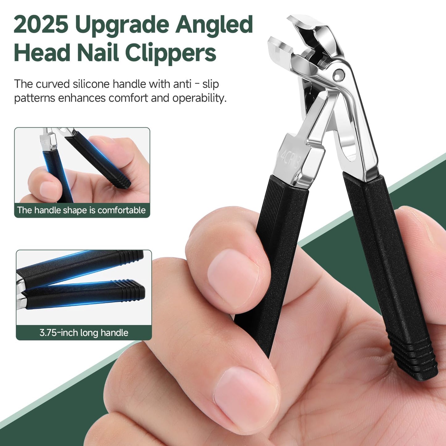 SmilVie Angled Head Toe Nail Clippers for Seniors, Long Handle, Heavy Duty Ingrown Toenail Clipper Set (Black 2-in-1 Set)