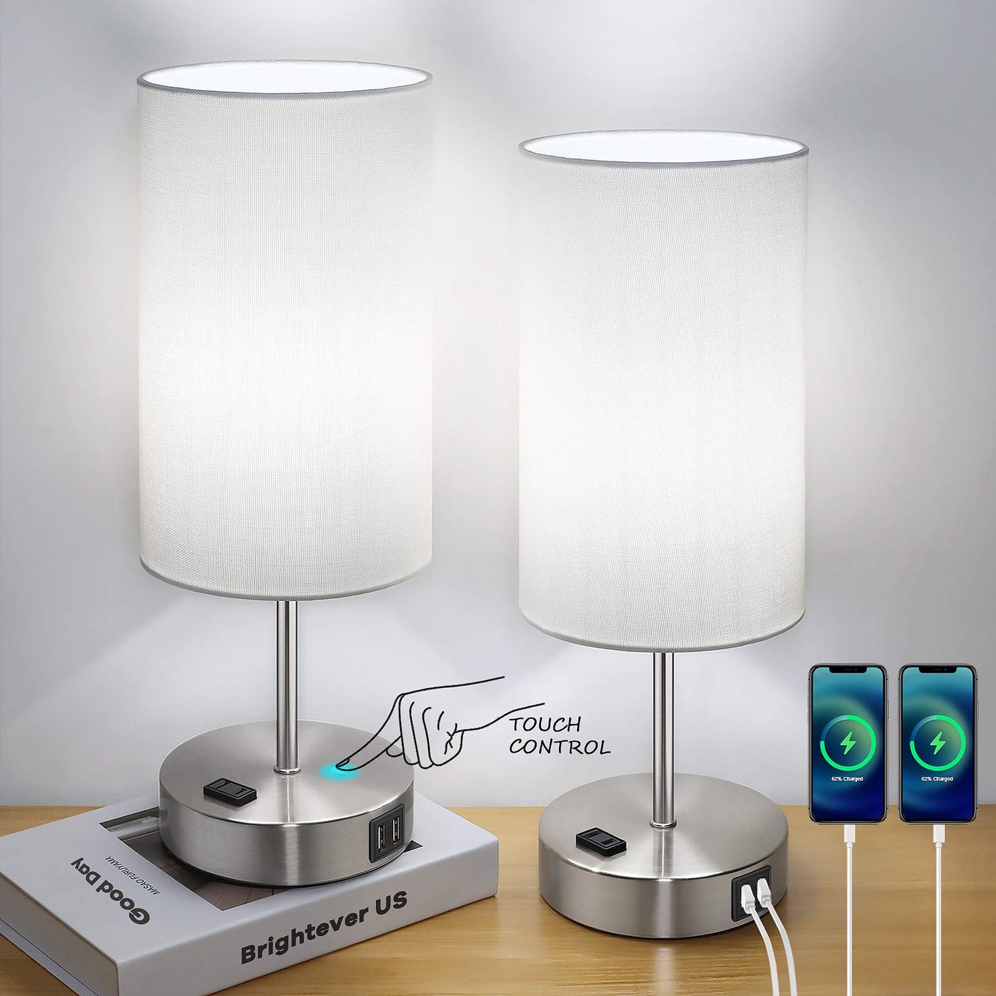 Brightever Touch Control Table Lamps, 3-Way Dimmable, 2 USB Ports & AC Outlet, 2 Packs, White, Model ST0001-WH