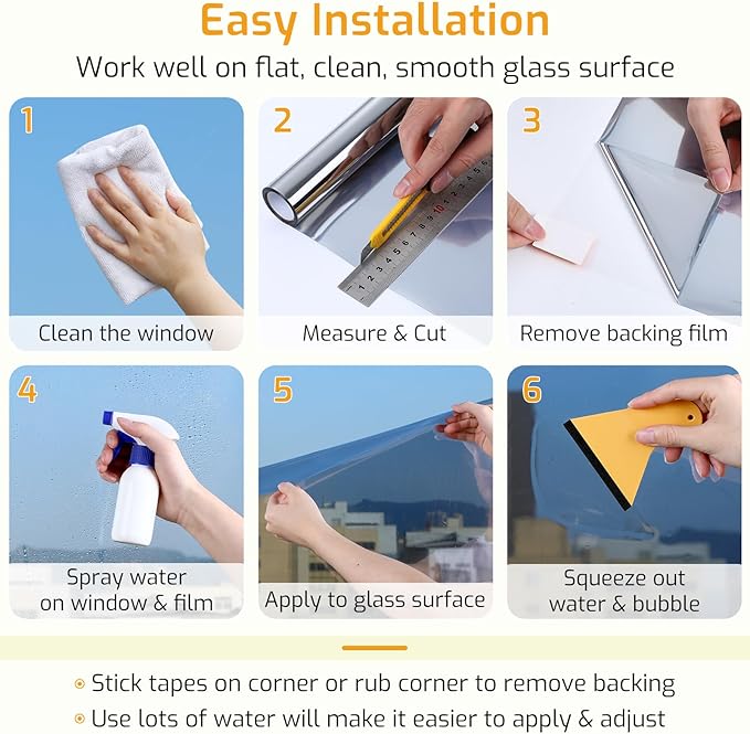 LUTE One Way Window Privacy Film, Window Tint for Home, Sun Blocking UV Heat Blocker, See Out Not in Reflective Mirror Film, Removable Static Cling Glass Door Coverings, Silver, 17.5" x 157.4"