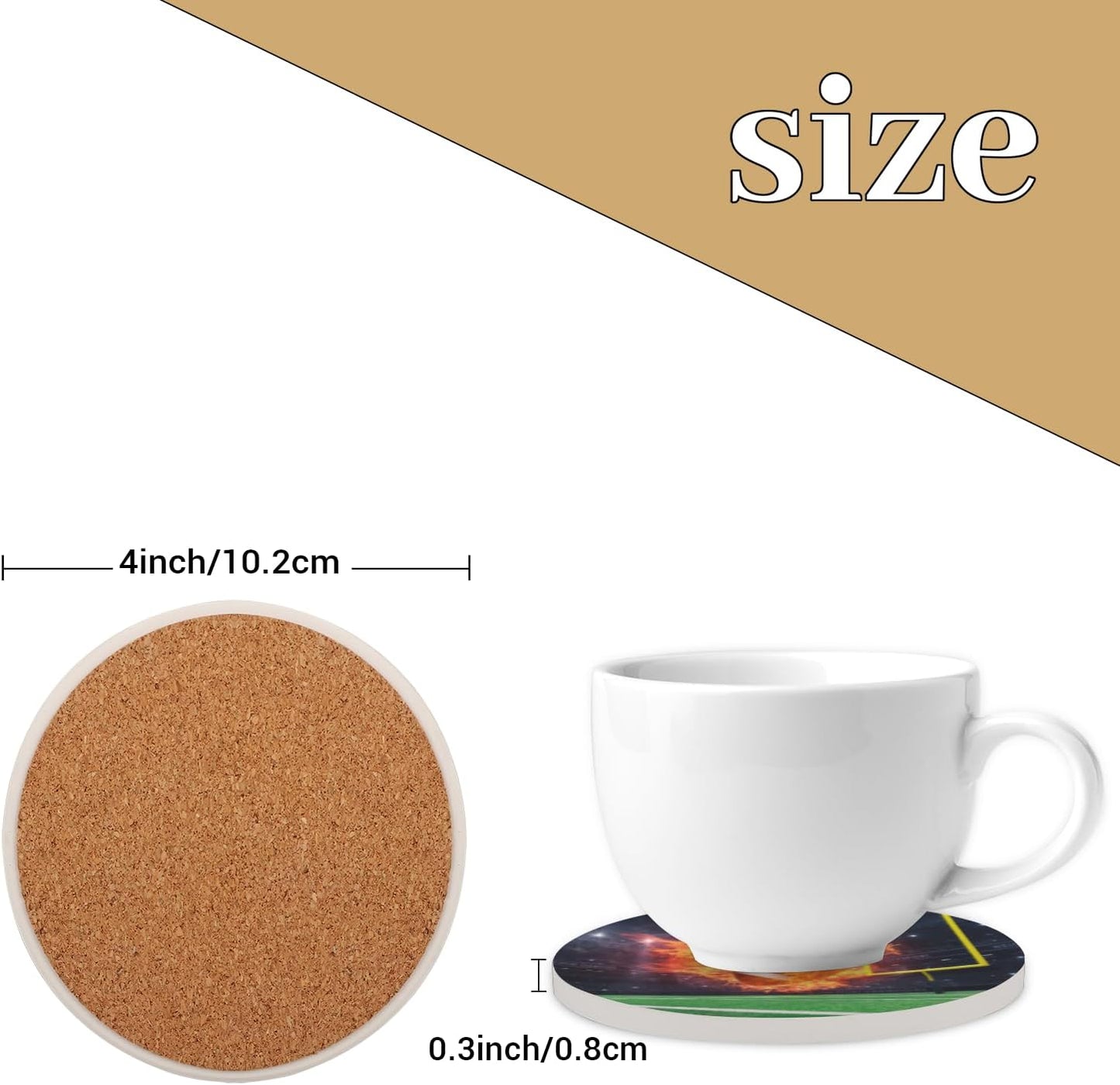 Ceramic Coasters for Drinks with Cork Back, Clean Soccer Display (2) 4 Inch Absorbent Coaster Set 2 Pack, Quick Dry Non-Slip Coaster Mats for Home, Office, Bar
