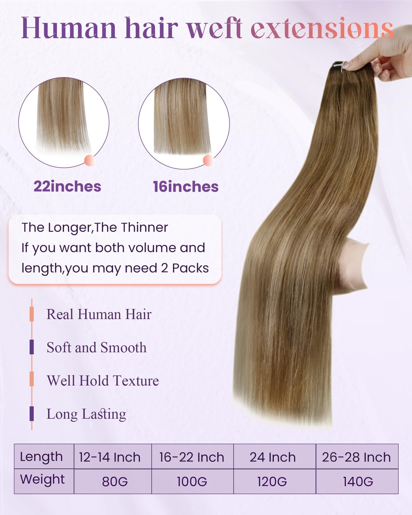 LaaVoo Weft Hair Extensions Human Hair Brown Ombre Sew in Hair Extensions Balayage Light Brown to Golden Blonde Hair Wefts Human