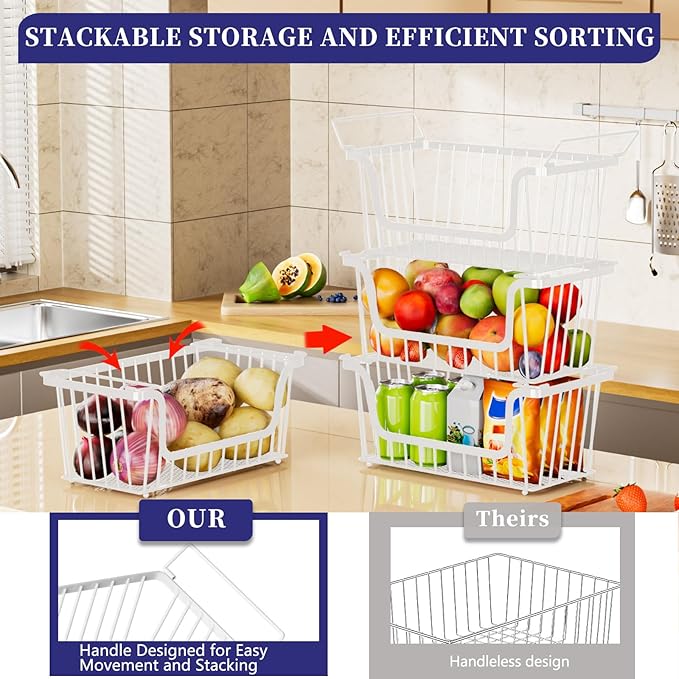 6 Pack Enhanced Leak-Proof Bottom Stackable Wire Baskets, Pantry Organizers and Storage, pantry storage，Shelf Baskets, Fruit Basket, Potato and Onion Storage Bins，(White)