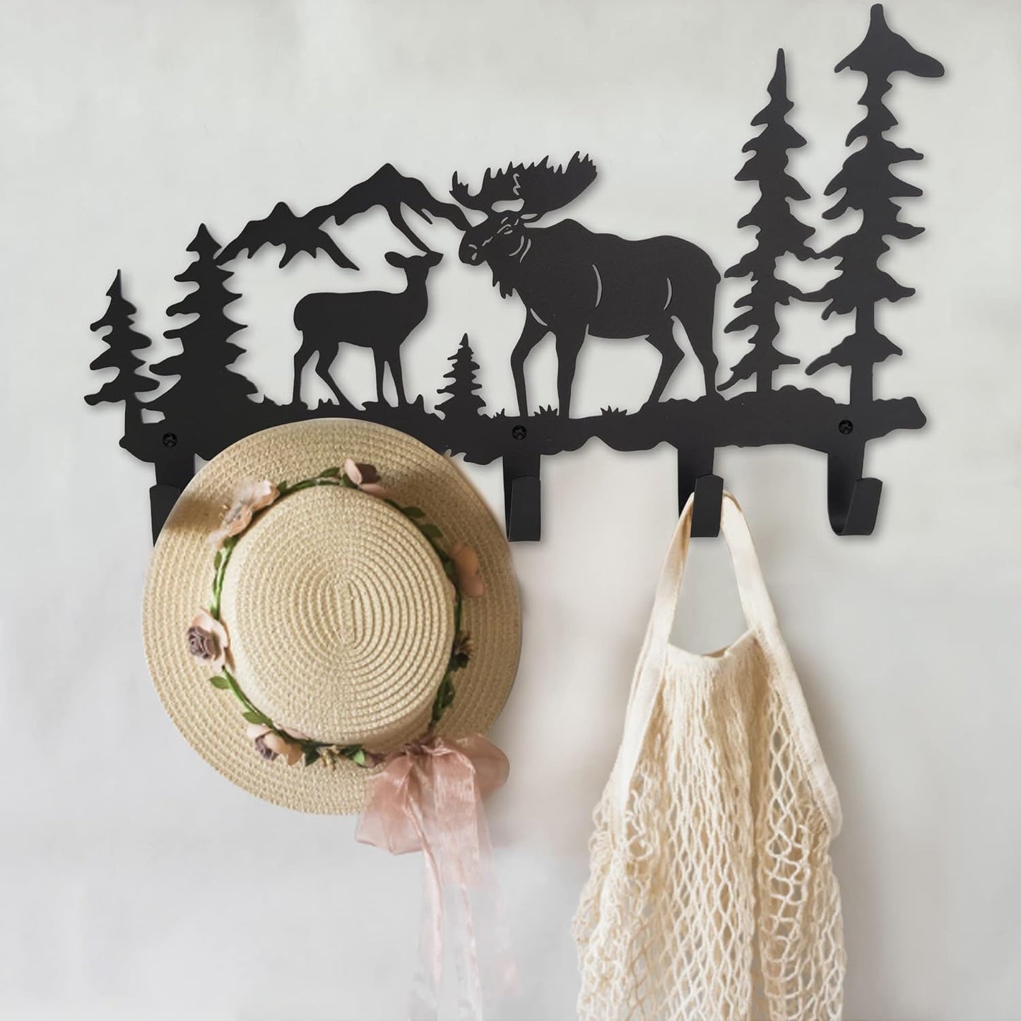 Metal Moose Coat Hooks Wall Art Decor-Moose Hangers and Key Holder-Clothes Hat Rack-Animal Theme Hooks Sweet Home Decor for Storage, Living Room, Hallway, Office (Black)