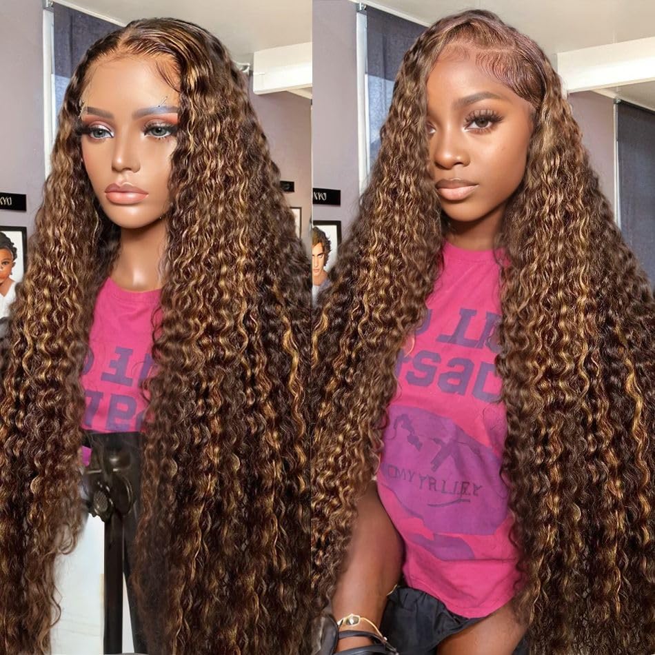 30 Inch Highlight Ombre Lace Front Wig Human Hair 13x6 HD Honey Blonde 4/27 Deep Wave Lace Front Wigs Human Hair 180% Density Co