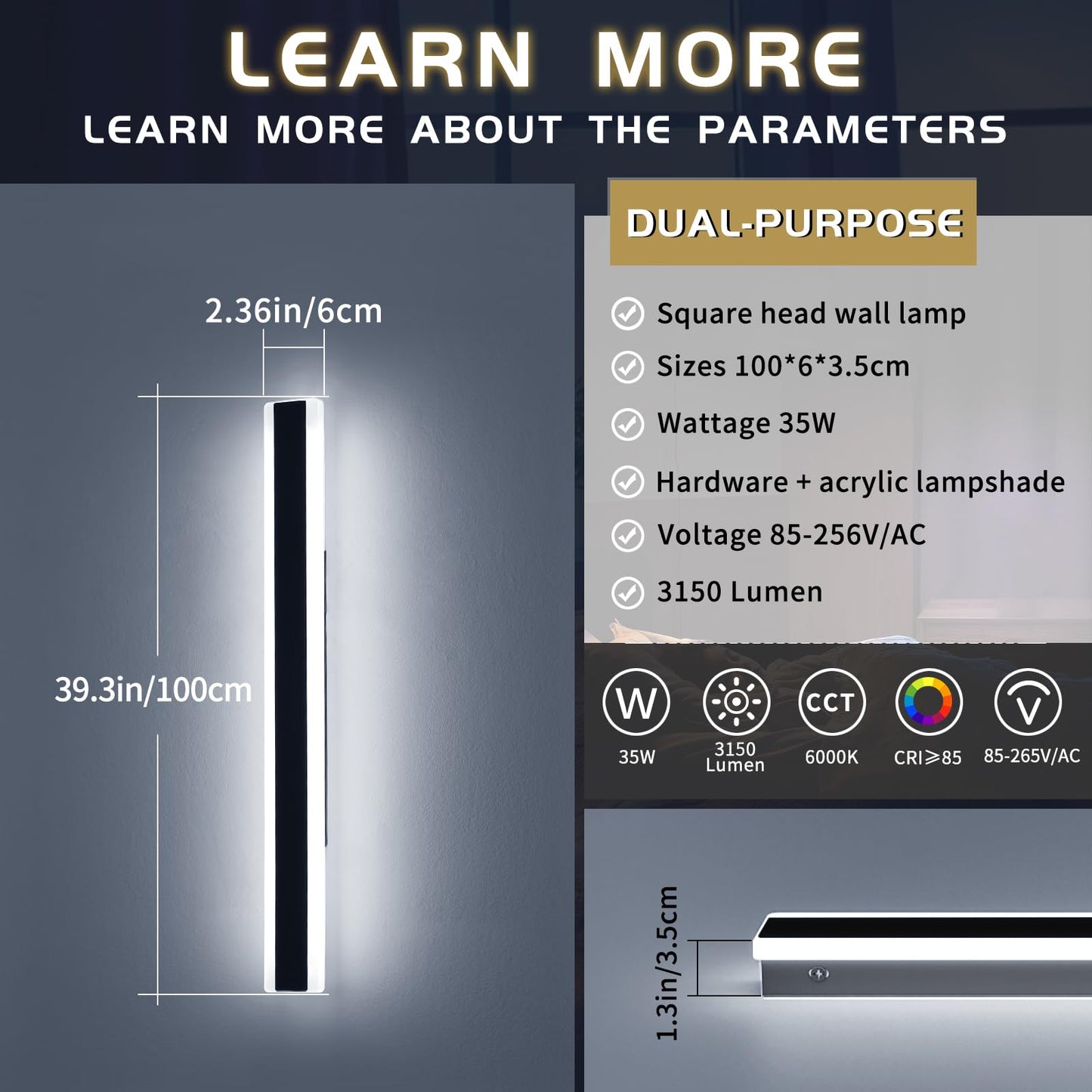 Mikeru 39.3Inch Long Led Wall Light  6000K Cool White Modern Outdoor Wall Light Ip65 Waterproof Black Acrylic Porch Exterior Lighting Fixtures  Exterior Wall Mount Lights For Garage Front Door