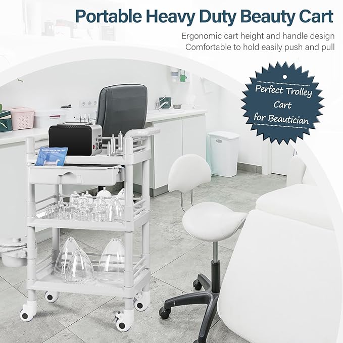 Beauty Salon Trolley Cart, Esthetician Cart with Wheels & Bucket and 1 Big Drawer, 3 Tier Heavy Duty SPA, Load 330lbs, 360° Rotate Silent Wheels for Beauty Salon SPA Hospital Office Lab
