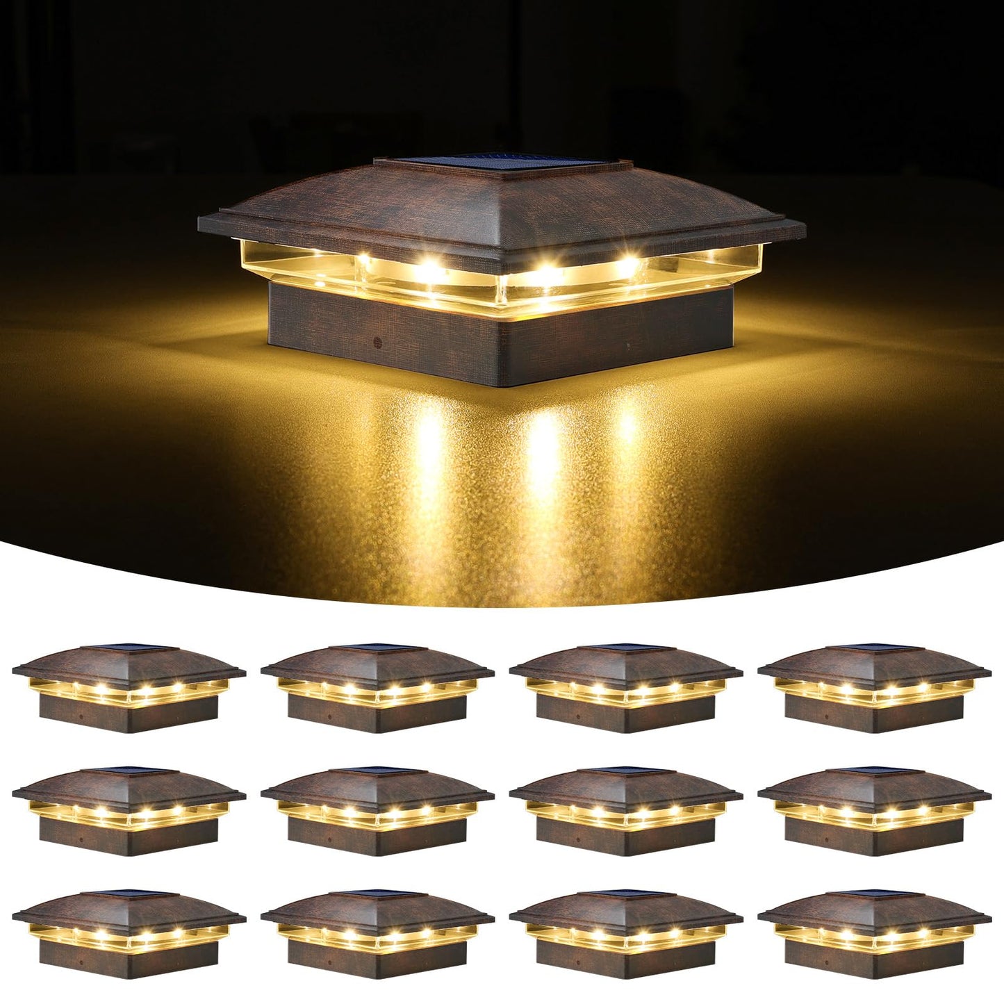 VOLISUN Solar Post Cap Light, 12 Pack, Waterproof for 4x4 Posts, Warm/Cool White, Brushed Copper, Model 21805ZM-WD-12PK
