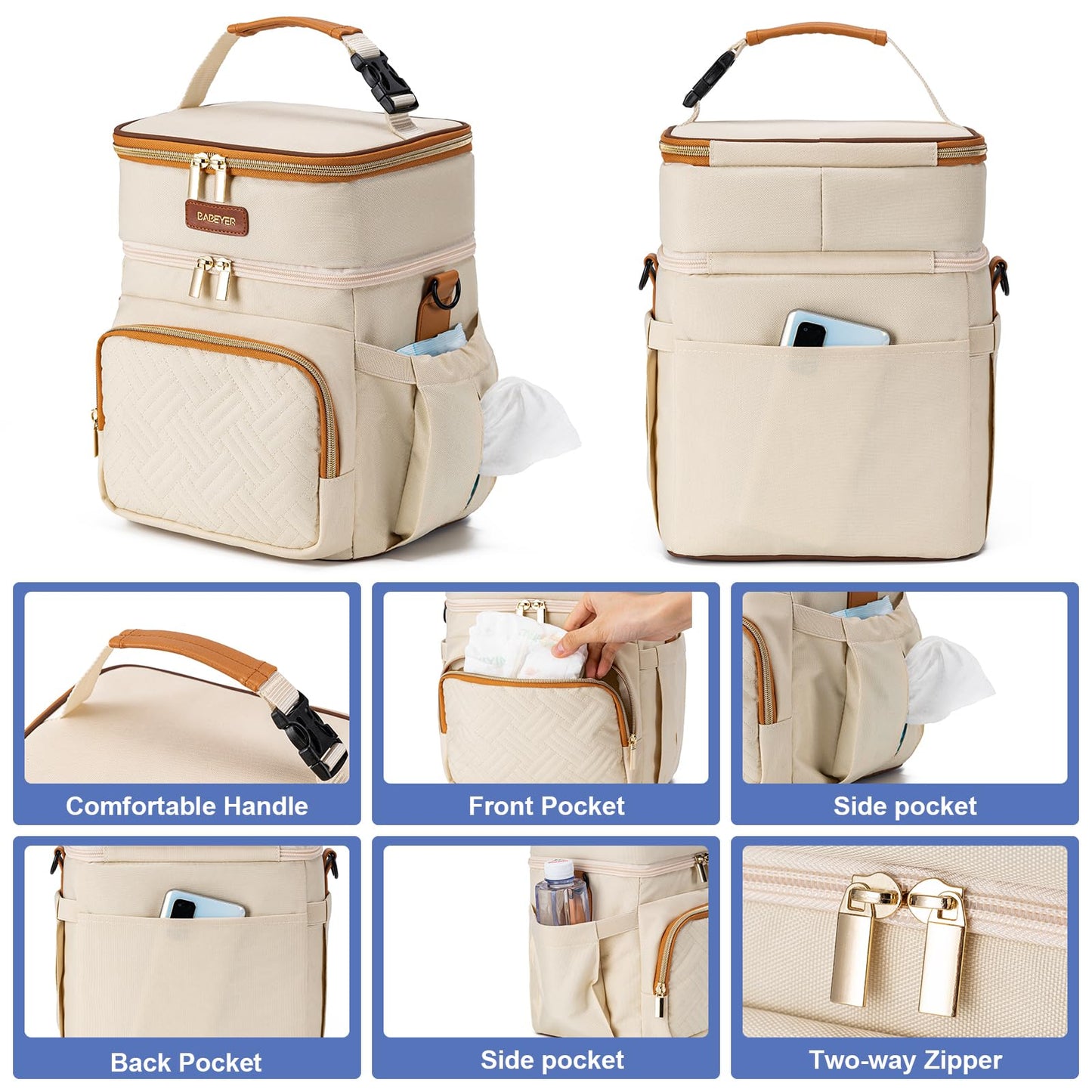 BABEYER Insulated Breastmilk Cooler Bag with Ice Pack - Holds 6x9oz Bottles, Leakproof Double Layer, Baby Bottle Cooler Bag with Adjustable Strap for Nursing Moms, Daycare & Travel
