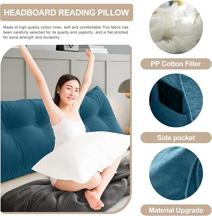 Large Triangular Headboard Pillows Long Backrest Positioning Support Bolster Cushion for Daybed Fluffy Quality Plush Body Wedge Pillow with Removable Cover(Navy blue-Queen-59x8x20in)