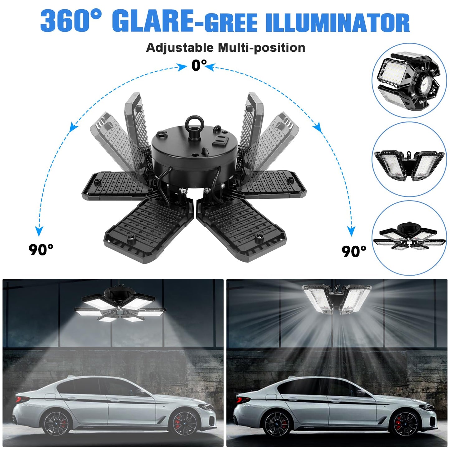 Aoretic LED Garage Lights 4 Pack - 180W, 18000LM, 6500K, 6+1 Deformable Panels, Aluminum, E26/E27, for