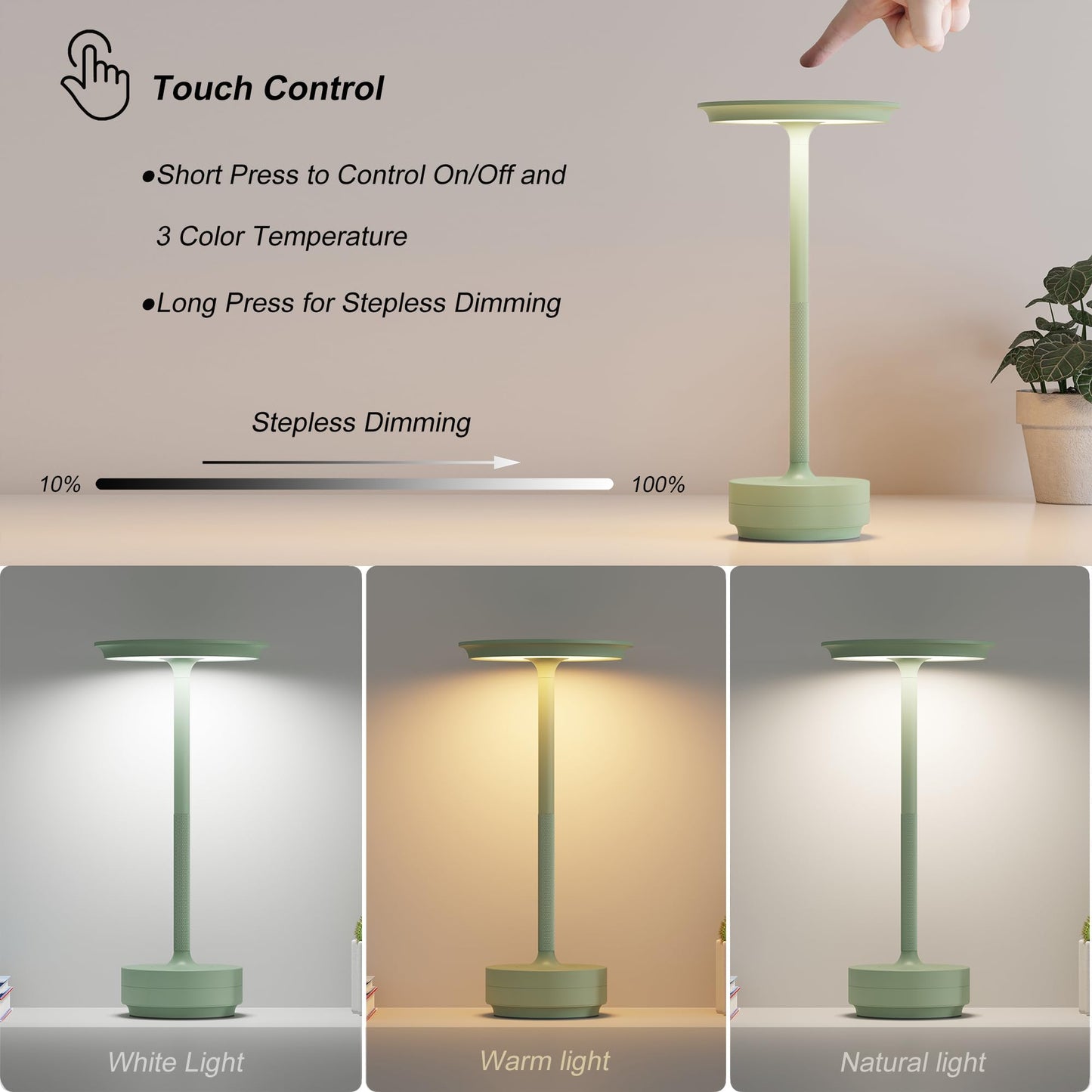 TBBGA Rechargeable Table Lamps 5000mAh LED Light, 3 Color Dimming, Portable Aluminum, Light Green, Model 106C, 2 Pack