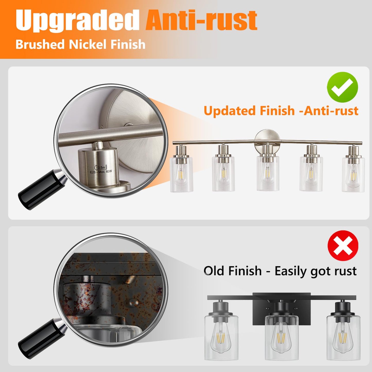 DLLT 5-Light Bathroom Light Fixtures: Nickel Modern Vanity Lights with E26 Bulbs - Clear Glass Shade Bathroom Wall Lamp for Mirror Kitchen Living Room Hallway Cabinet Porch
