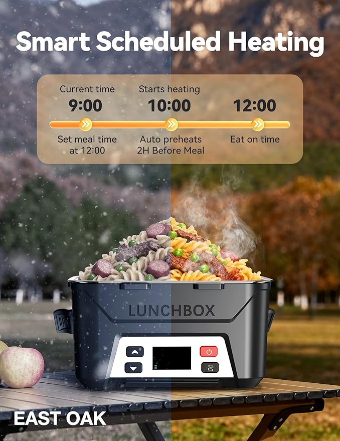 EAST OAK Rechargeable Self-Heating Lunch Box, 5.5 Cups Cordless Electric Lunch Box with Automatic Heating, Includes Fork, Spoon & Insulated Bag(Matte Black)
