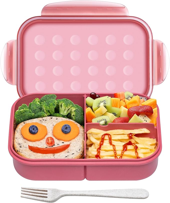 Wheat Straw Bento Box, BPA-Free Lunch Box for Kids & Adults - Leakproof 3-Compartment Lunch Containers with Utensil, Microwave/Dishwasher Safe, 5.5 Cup Muted Red